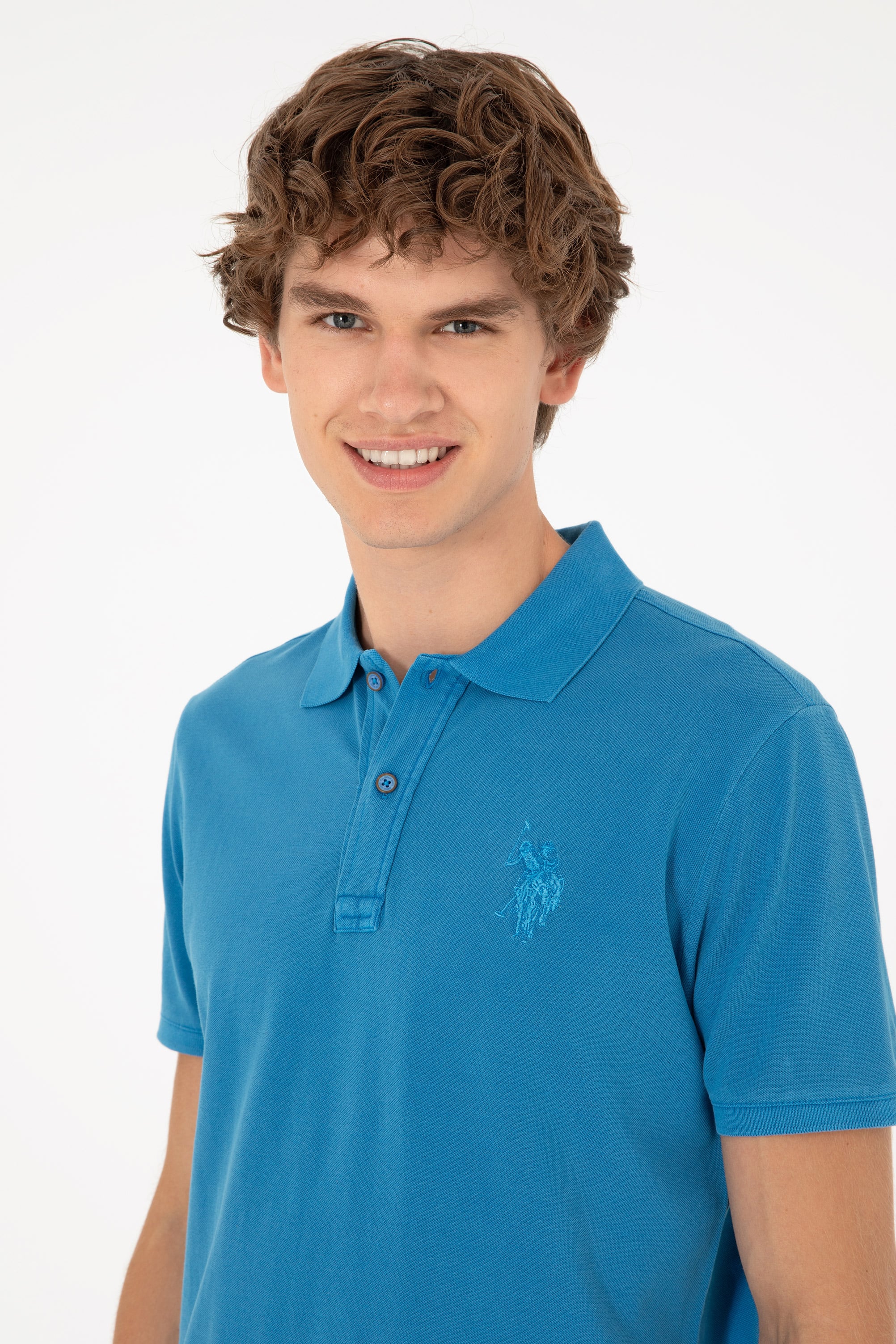 Erkek Slim Fit Polo Yaka Saks Basic Tişört - Image 2