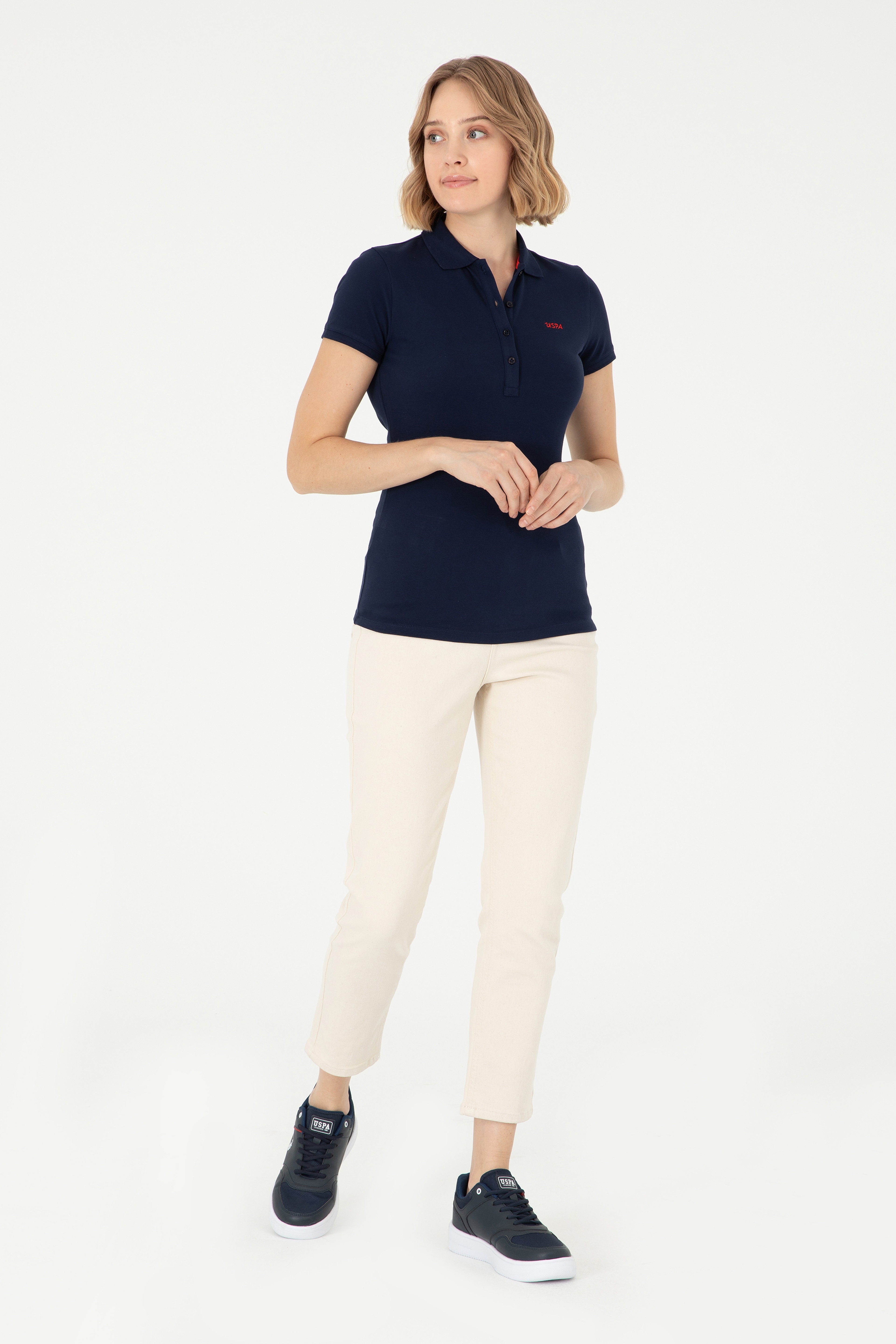Kadın Lacivert Basic Polo Yaka Tişört - Image 4