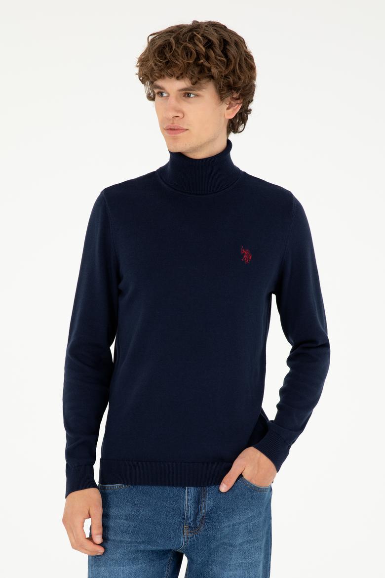 Erkek Slim Fit Boğazlı Yaka Lacivert Basic Kazak