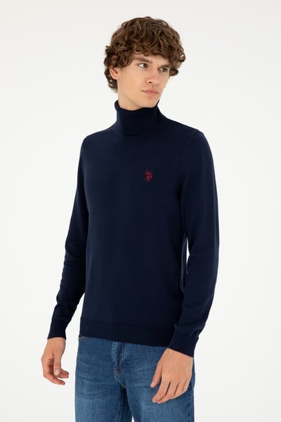 Erkek Slim Fit Boğazlı Yaka Lacivert Basic Kazak
