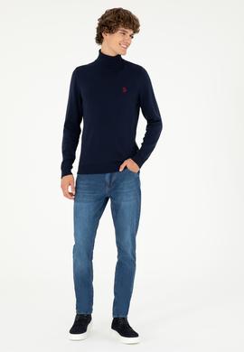 Erkek Slim Fit Boğazlı Yaka Lacivert Basic Kazak - 50293523010