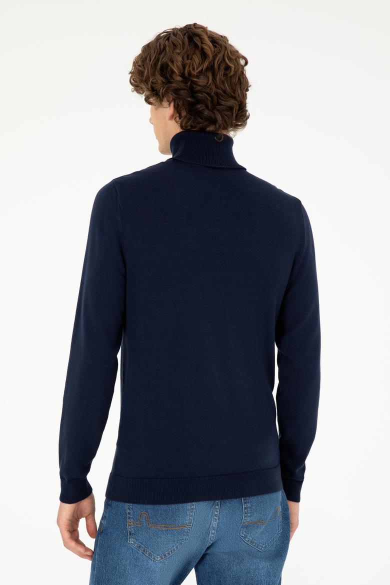 Erkek Slim Fit Boğazlı Yaka Lacivert Basic Kazak - 50293523010