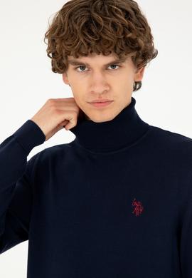 Erkek Slim Fit Boğazlı Yaka Lacivert Basic Kazak - 50293523010