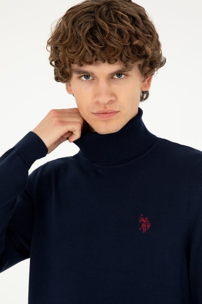Erkek Slim Fit Boğazlı Yaka Lacivert Basic Kazak