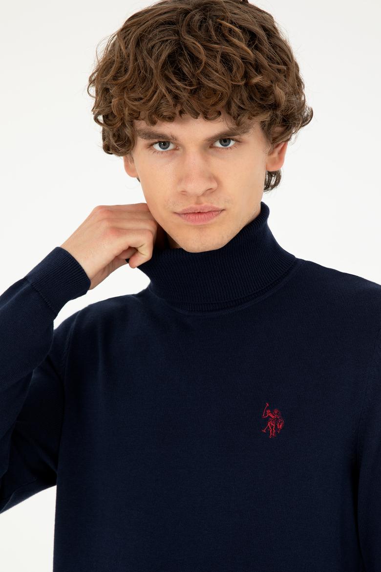 Erkek Slim Fit Boğazlı Yaka Lacivert Basic Kazak - 50293523010