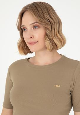 Kadın Haki Bisiklet Yaka Crop Tişört - 50281813017