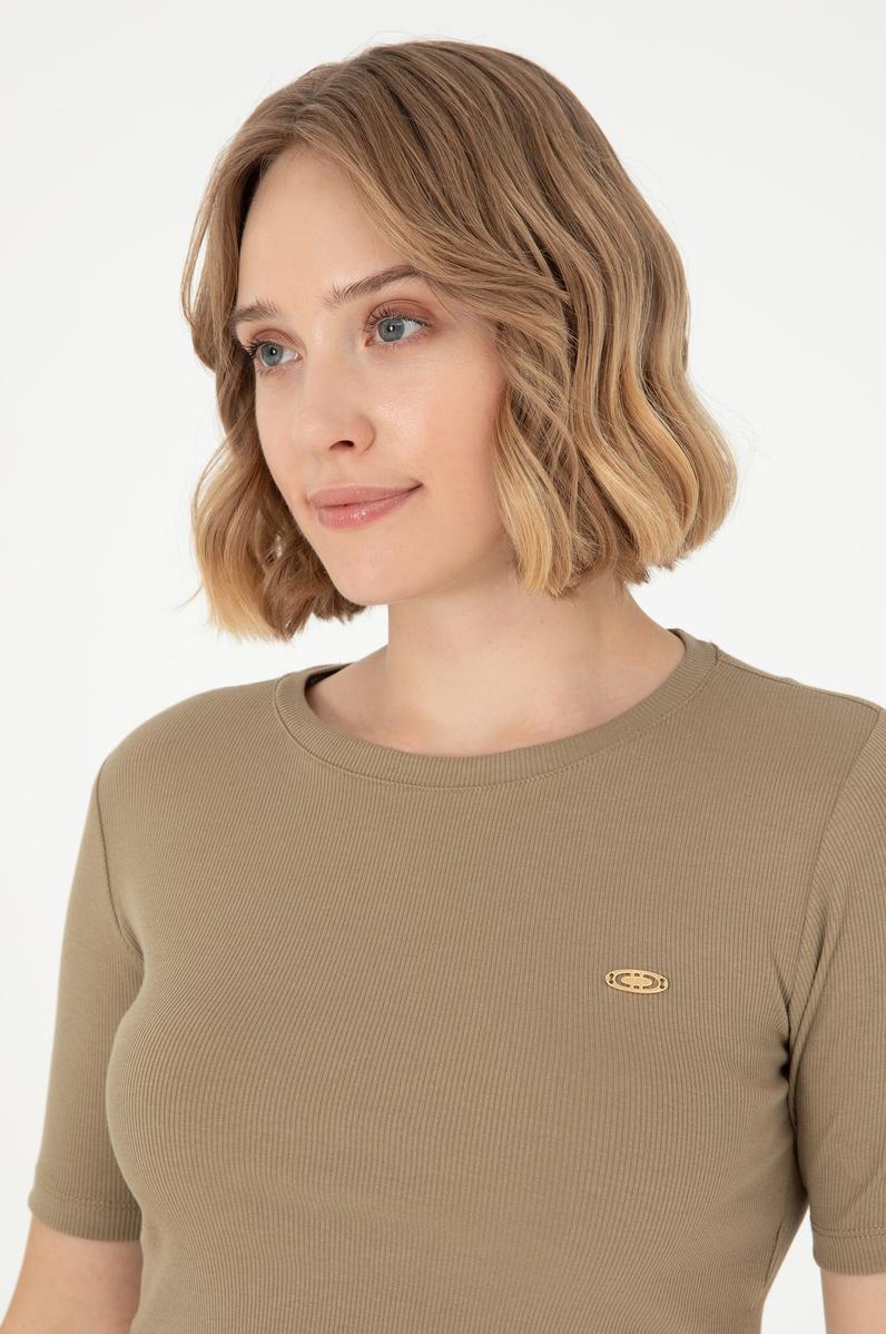 Kadın Haki Bisiklet Yaka Crop Tişört