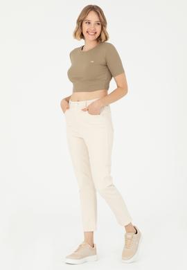 Kadın Haki Bisiklet Yaka Crop Tişört - 50281813017