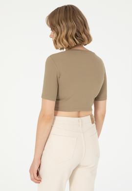 Kadın Haki Bisiklet Yaka Crop Tişört - 50281813017