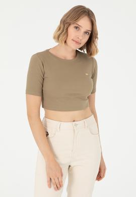 Kadın Haki Bisiklet Yaka Crop Tişört - 50281813017