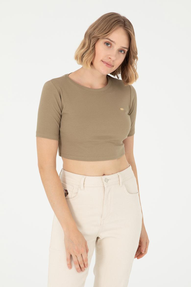 Kadın Haki Bisiklet Yaka Crop Tişört