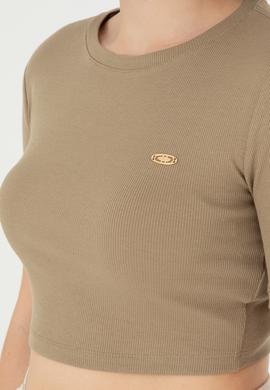 Kadın Haki Bisiklet Yaka Crop Tişört - 50281813017