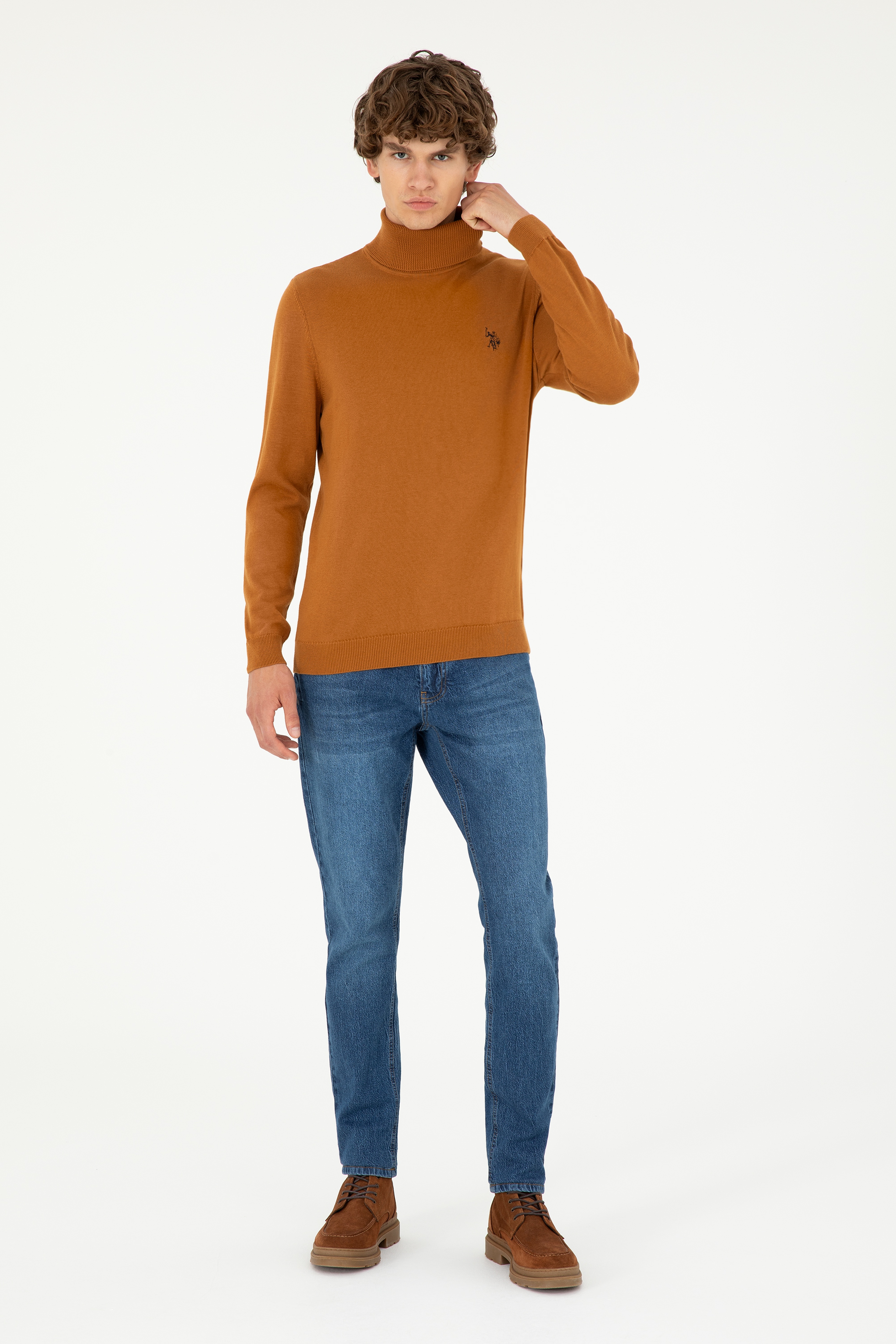 Erkek Slim Fit Boğazlı Yaka Saks Basic Sweatshirt - Image 4