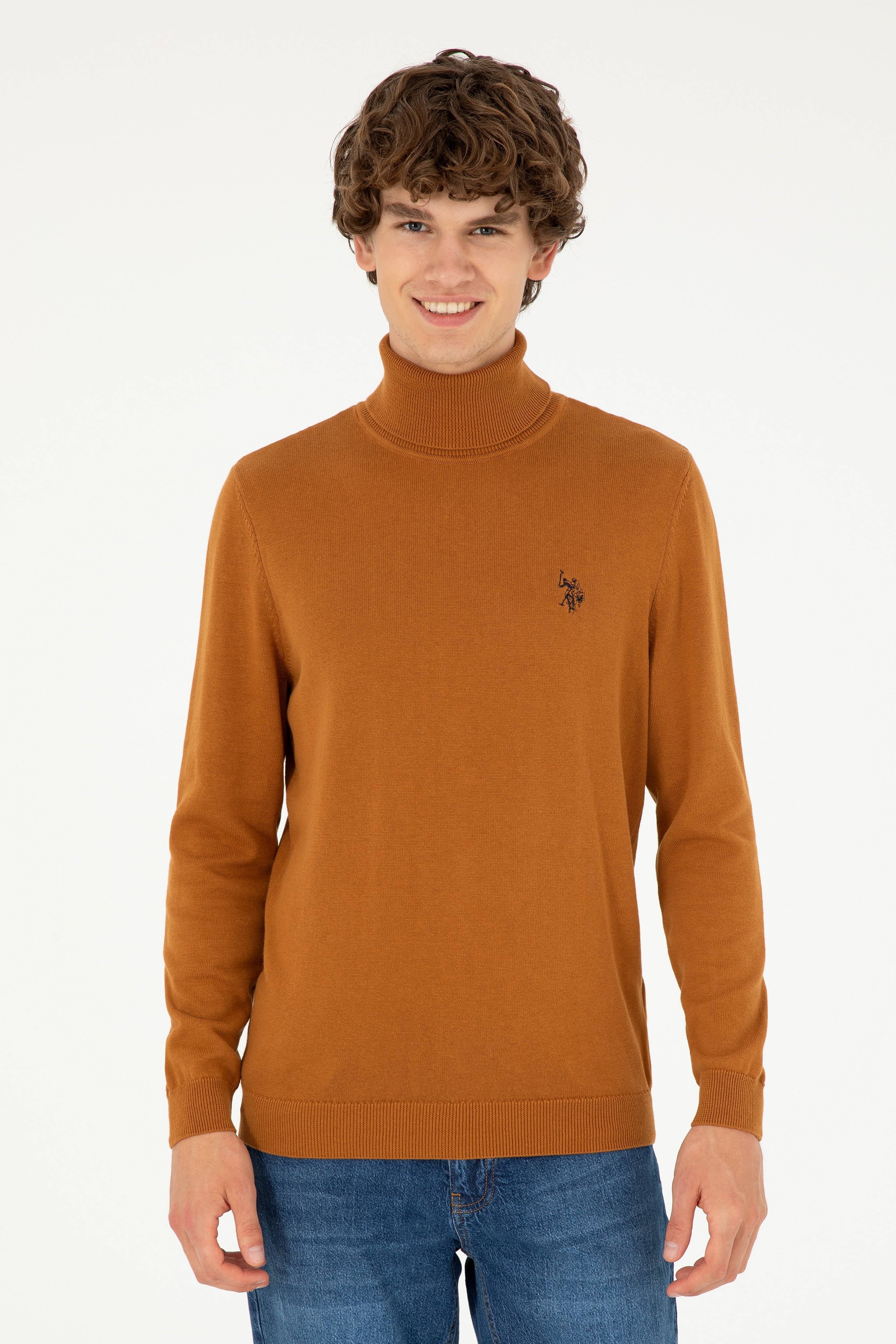 Erkek Slim Fit Boğazlı Yaka Saks Basic Sweatshirt - Image 1