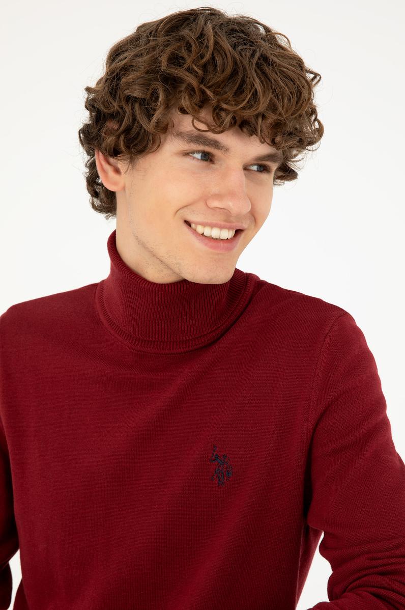 Erkek Slim Fit Boğazlı Yaka Borda Basic Kazak