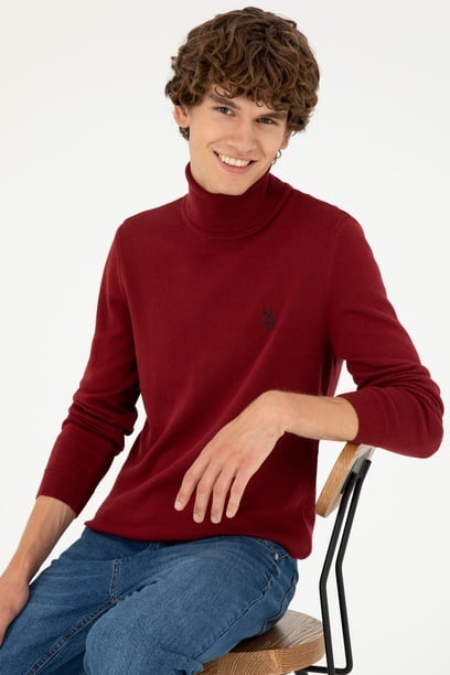 Erkek Slim Fit Boğazlı Yaka Borda Basic Kazak