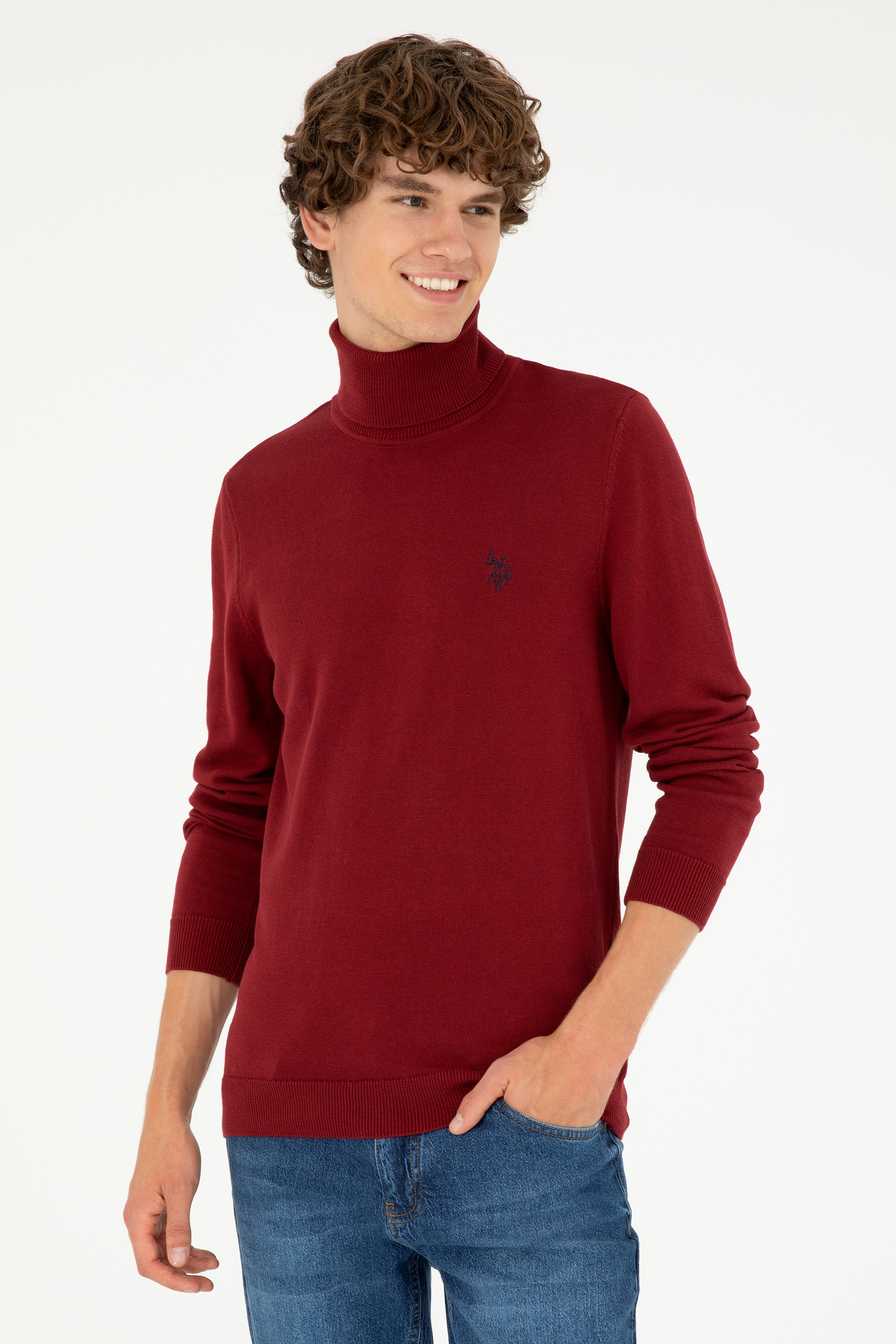 Erkek Slim Fit Boğazlı Yaka Borda Basic Kazak - Image 1
