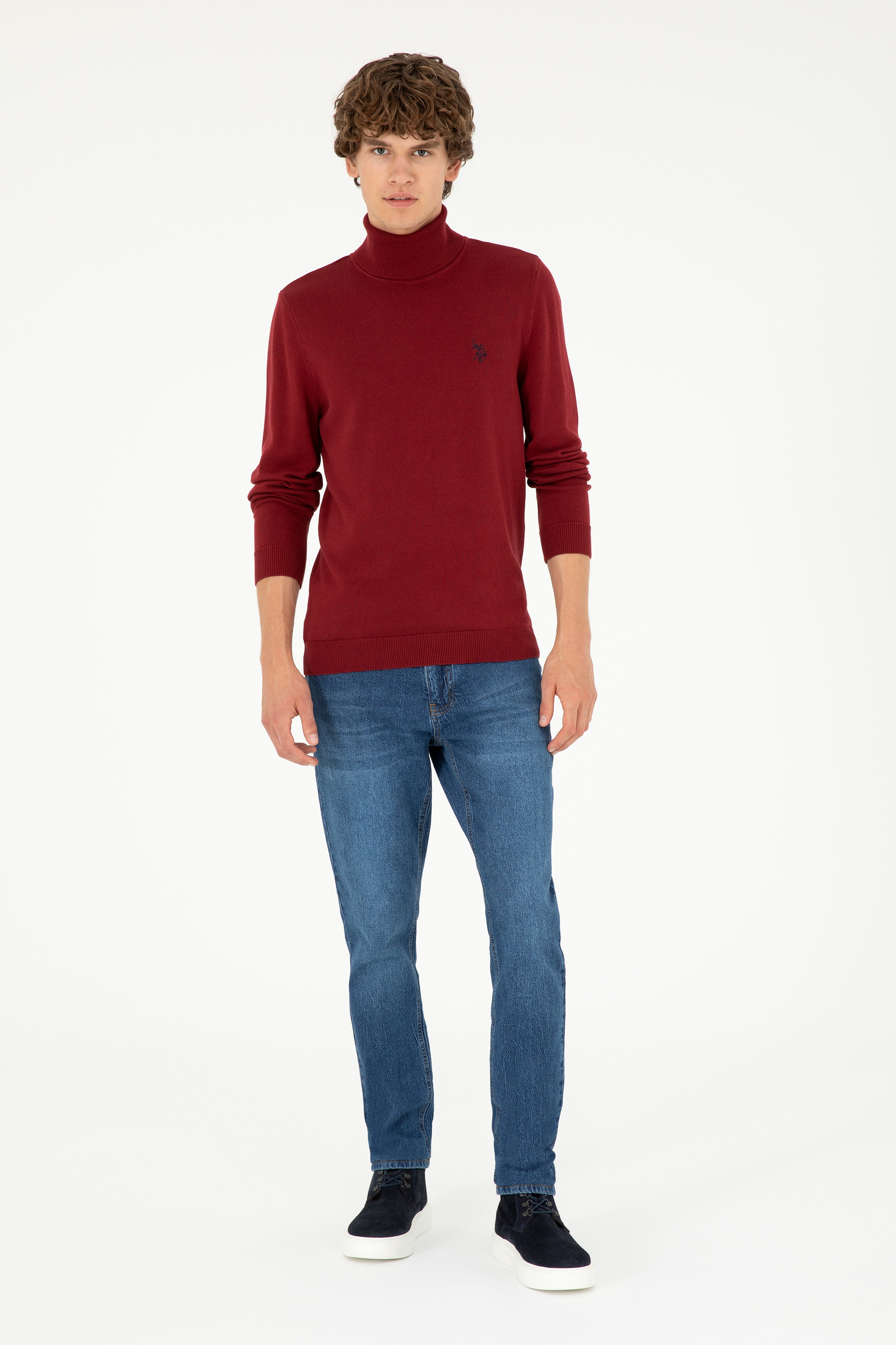 Erkek Slim Fit Boğazlı Yaka Borda Basic Kazak
