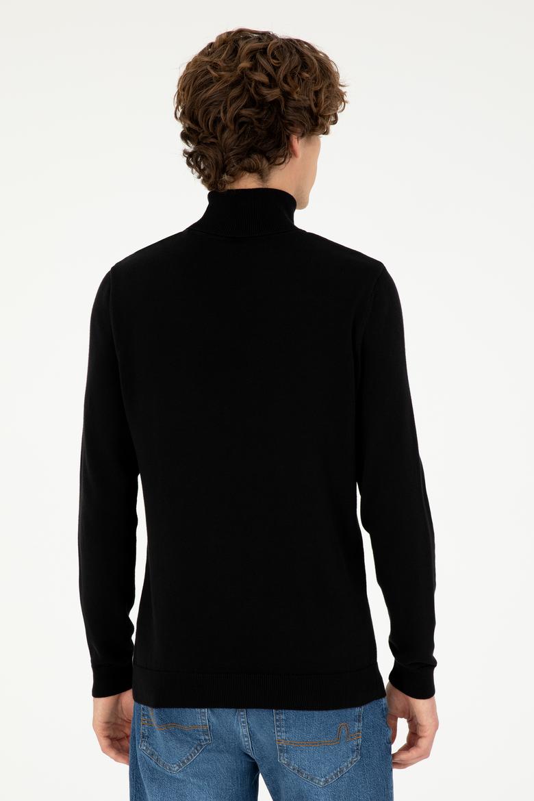 Erkek Slim Fit Boğazlı Yaka Siyah Basic Kazak - 50293523019