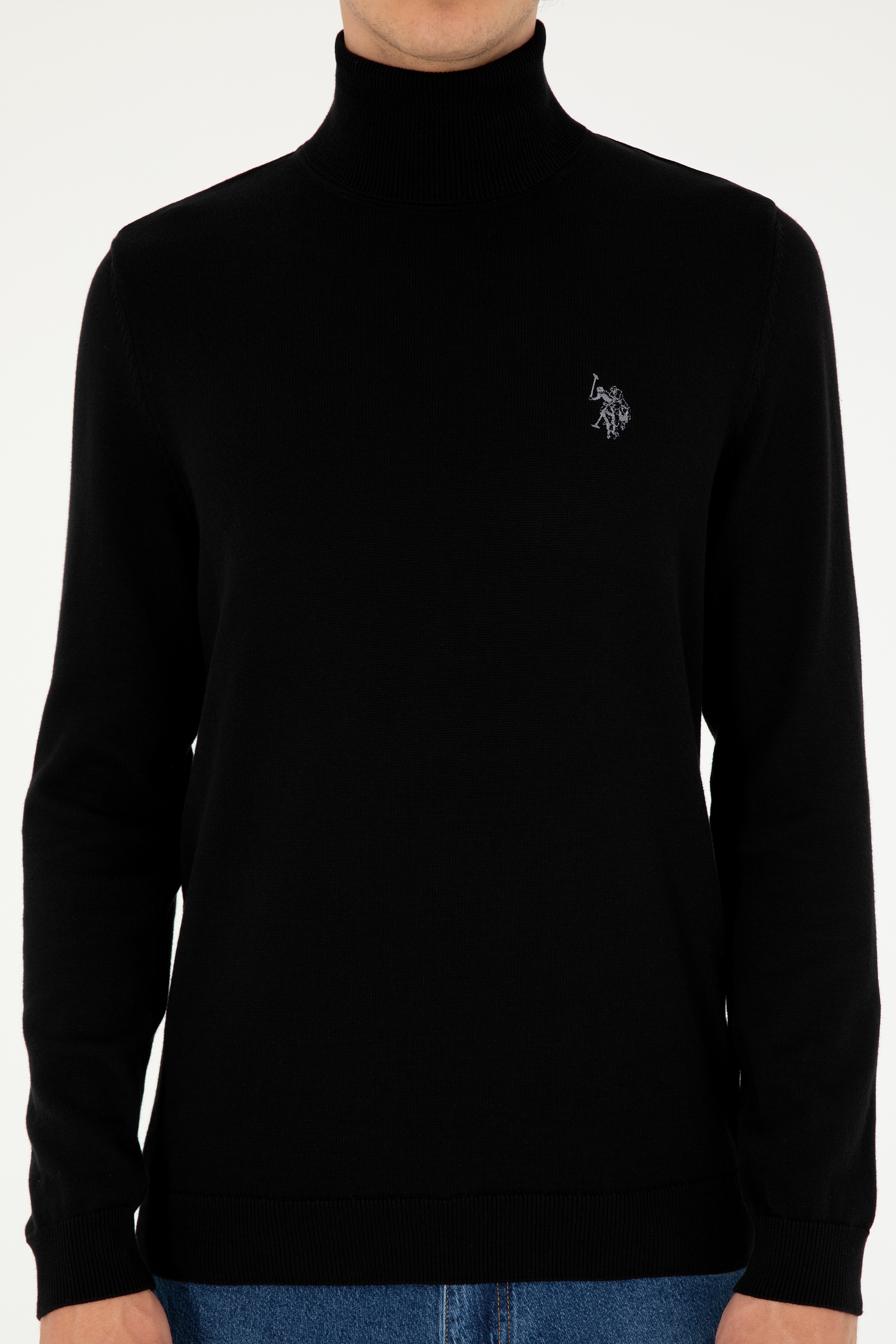 Erkek Slim Fit Boğazlı Yaka Siyah Basic Kazak - Image 6