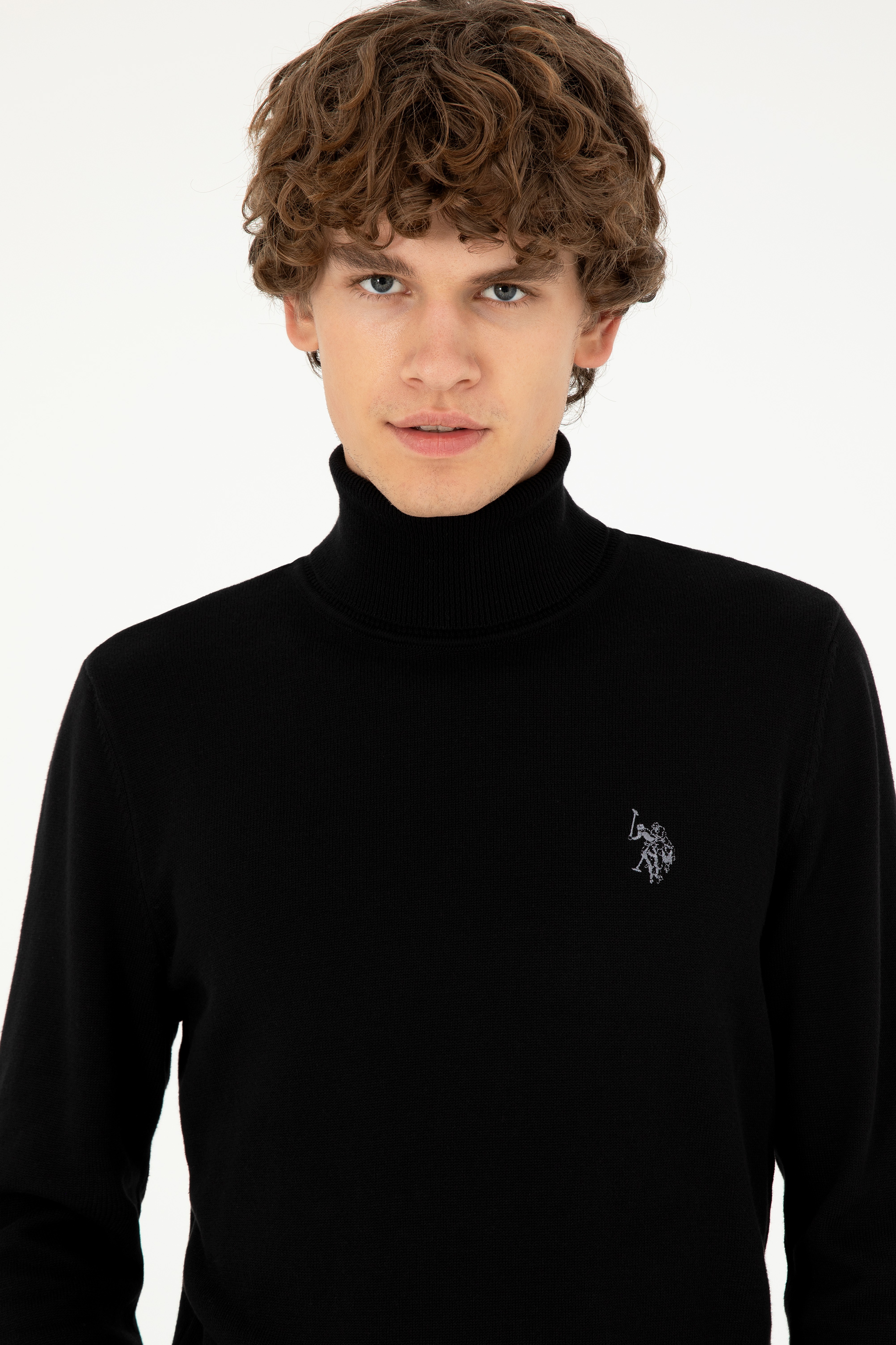 Erkek Slim Fit Boğazlı Yaka Siyah Basic Kazak