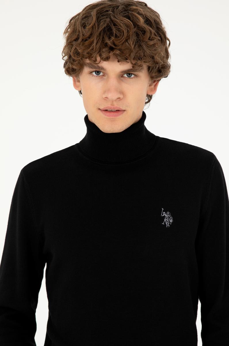 Erkek Slim Fit Boğazlı Yaka Siyah Basic Kazak