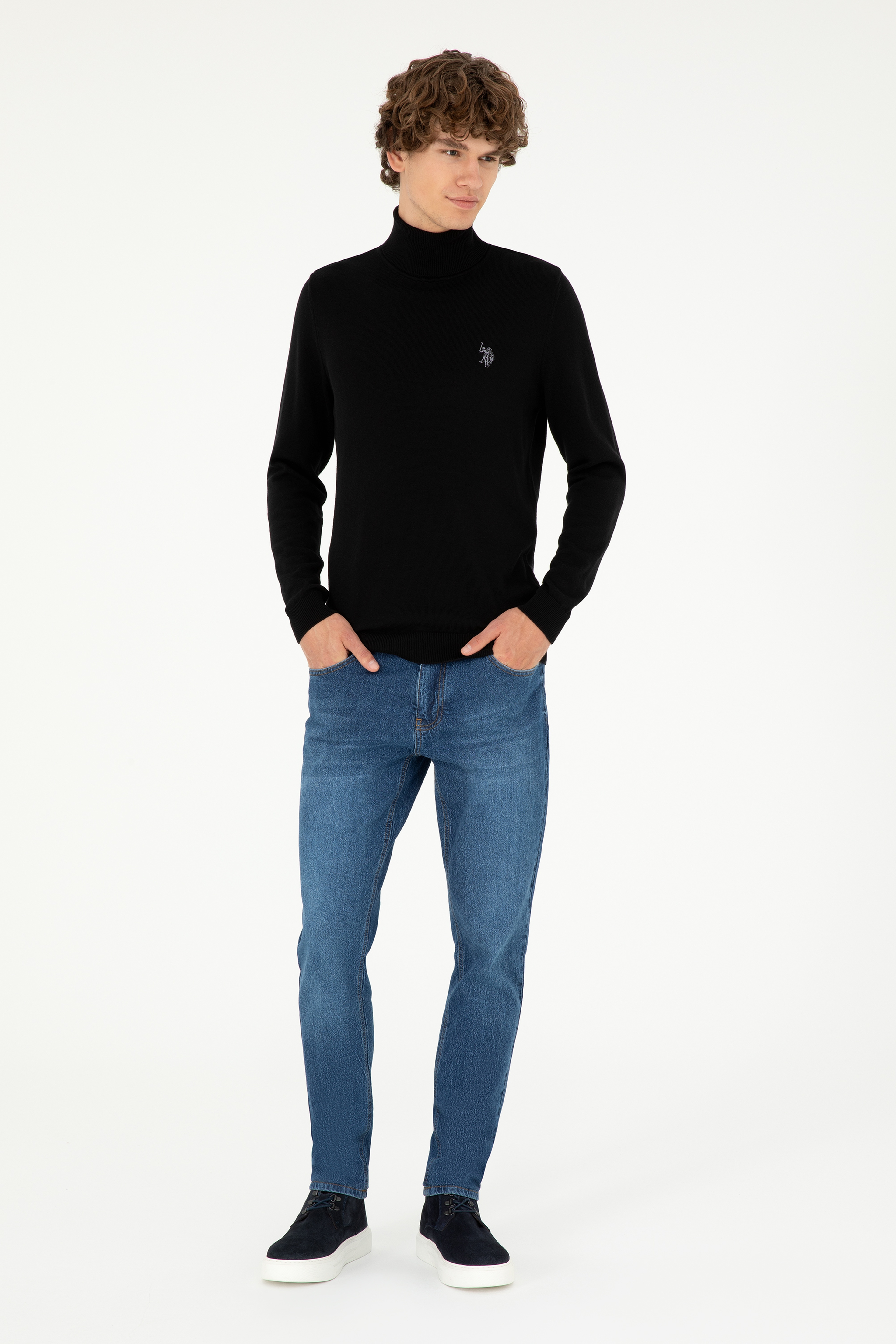 Erkek Slim Fit Boğazlı Yaka Siyah Basic Kazak - Image 4