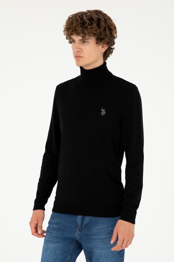 Erkek Slim Fit Boğazlı Yaka Siyah Basic Kazak