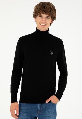 Erkek Slim Fit Boğazlı Yaka Siyah Basic Kazak - 50293523019