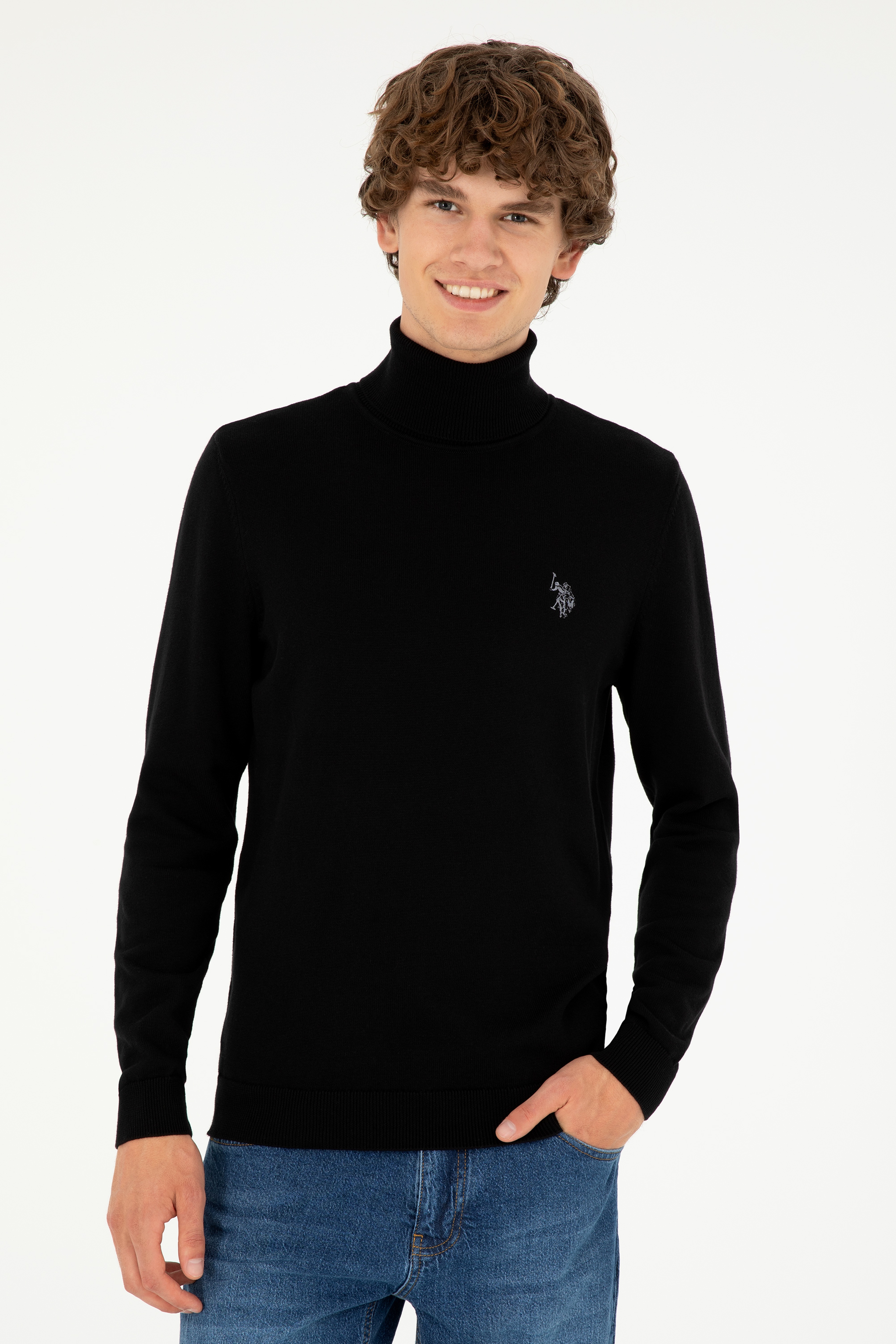 Erkek Slim Fit Boğazlı Yaka Siyah Basic Kazak - Image 3