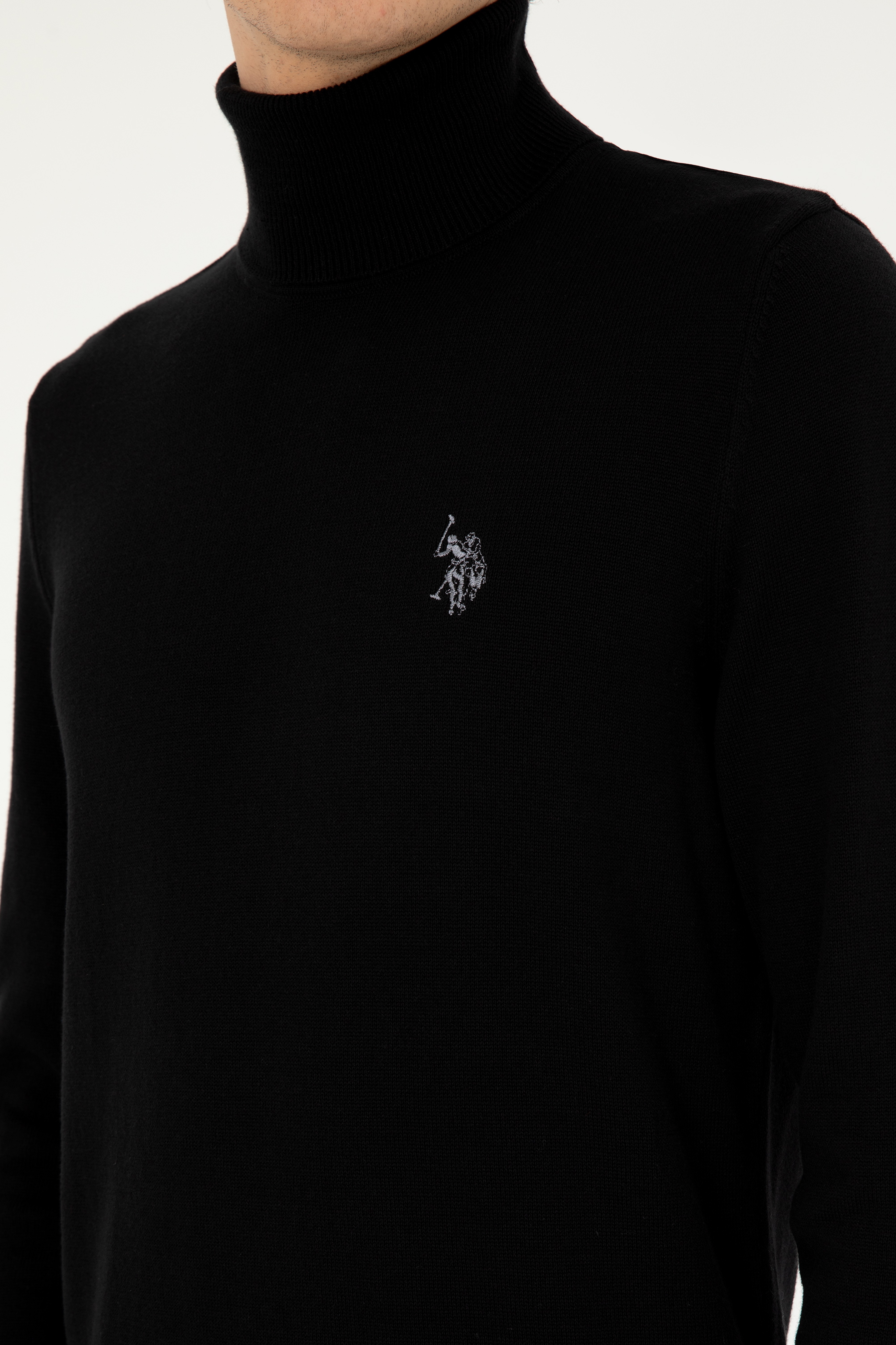Erkek Slim Fit Boğazlı Yaka Siyah Basic Kazak - Image 7