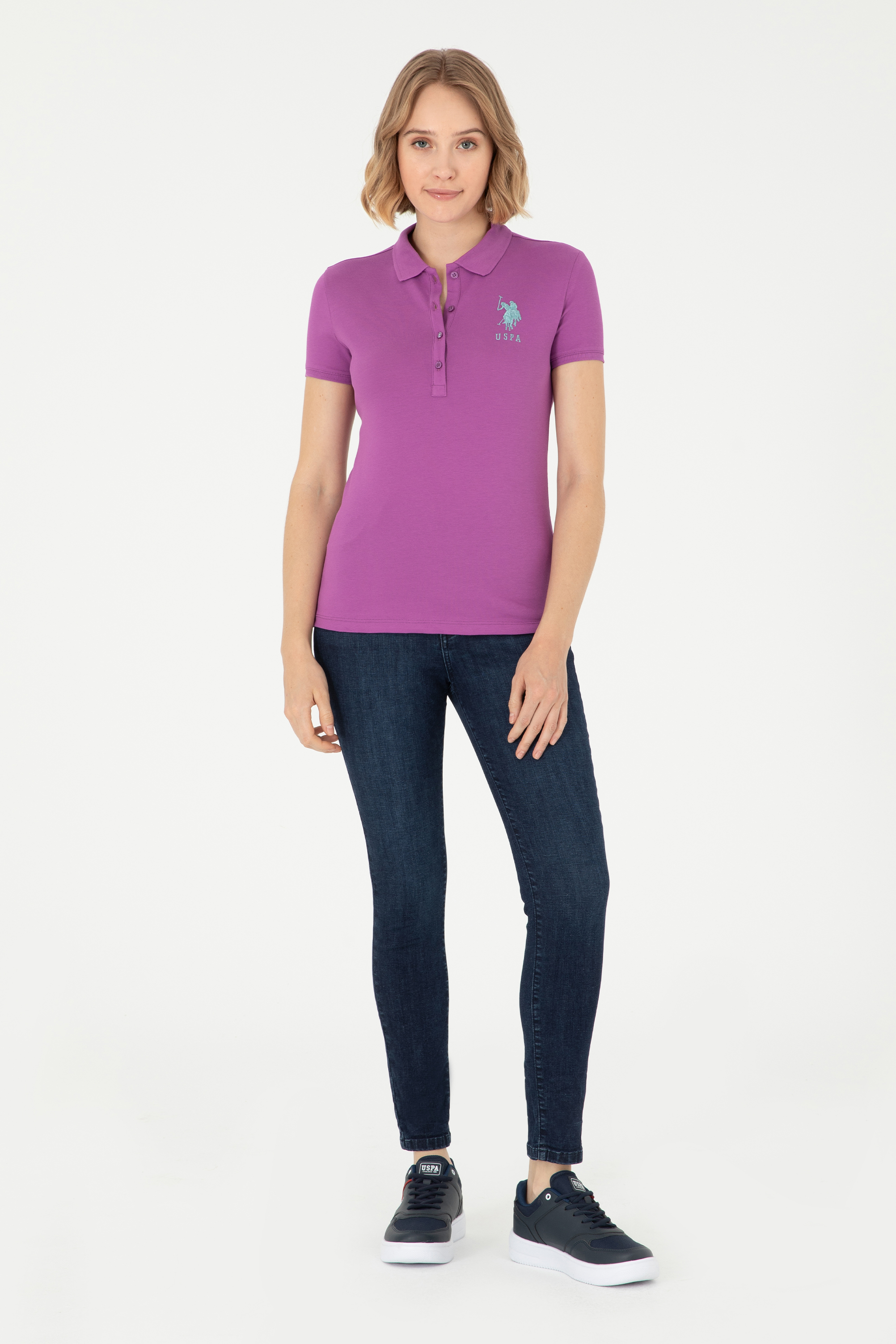 Kadın Mor Basic Polo Yaka Tişört - Image 4
