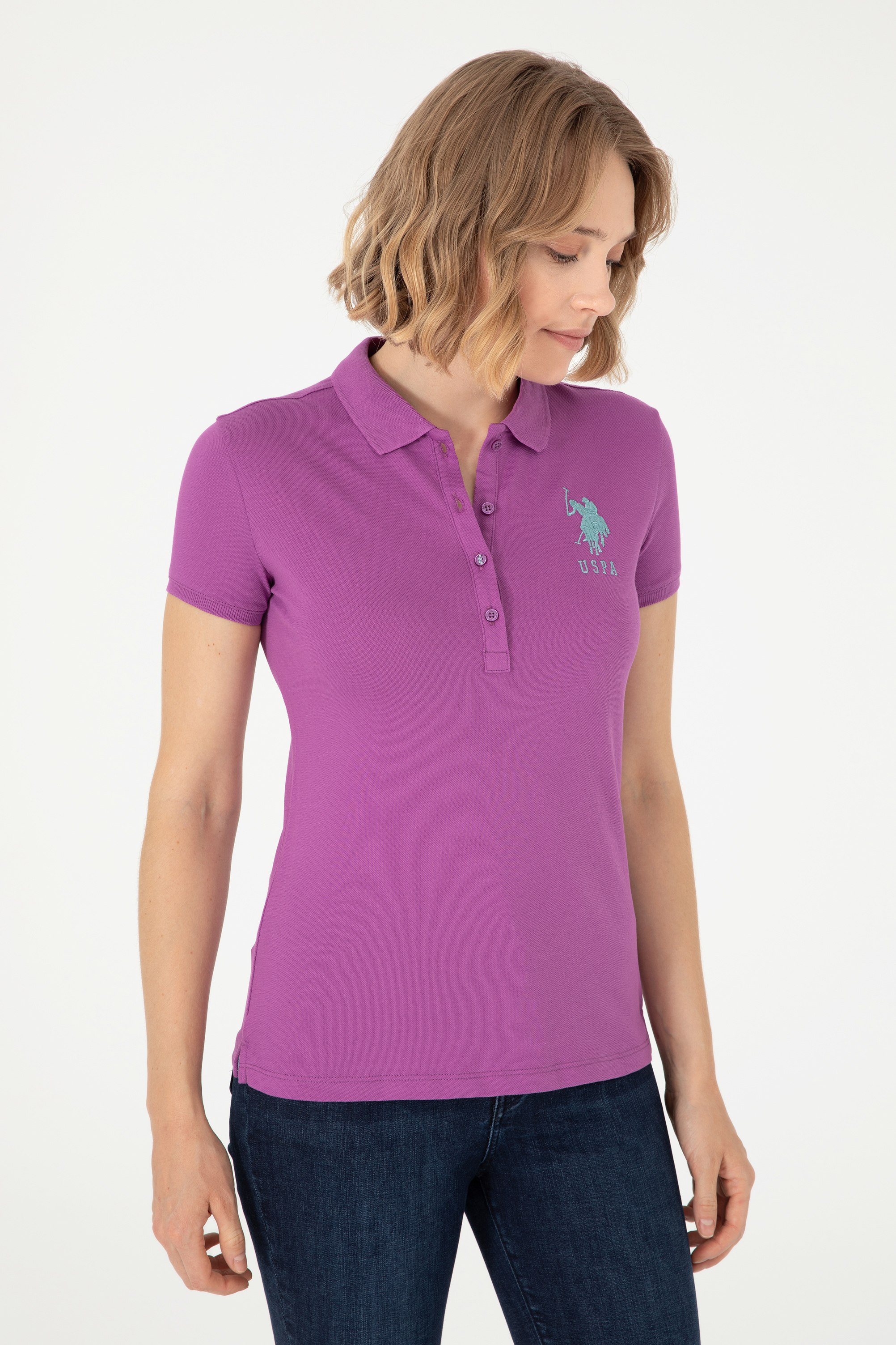 Kadın Mor Basic Polo Yaka Tişört - Image 3