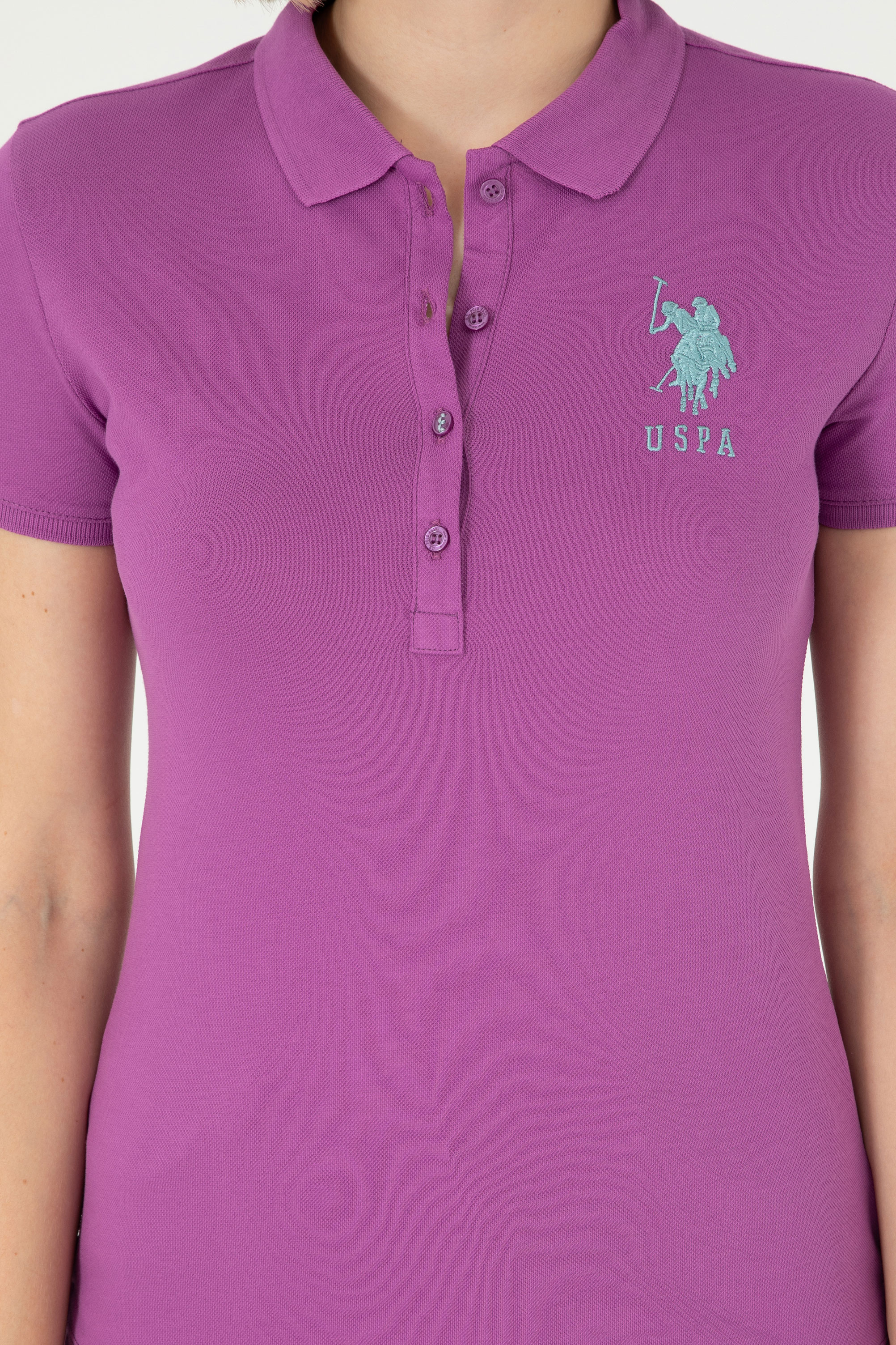 Kadın Mor Basic Polo Yaka Tişört - Image 6