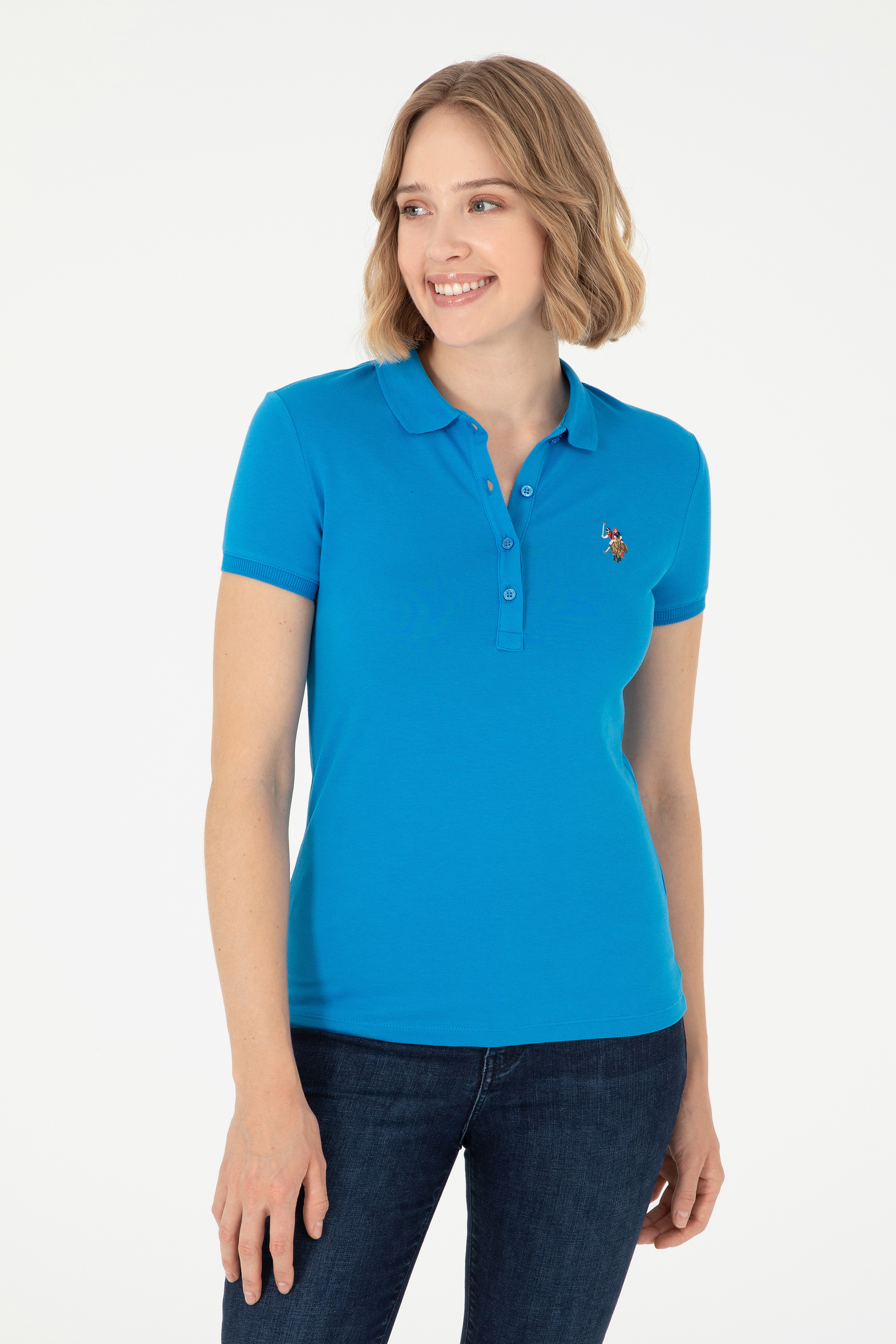 Kadın Saks Polo Yaka Tişört - Image 1