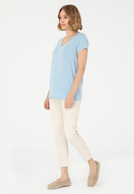 Kadın Açık Mavi V Yaka Basic Tişört - 50280019072