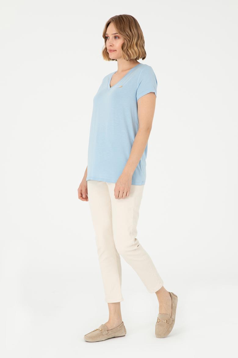 Kadın Açık Mavi V Yaka Basic Tişört - 50280019072