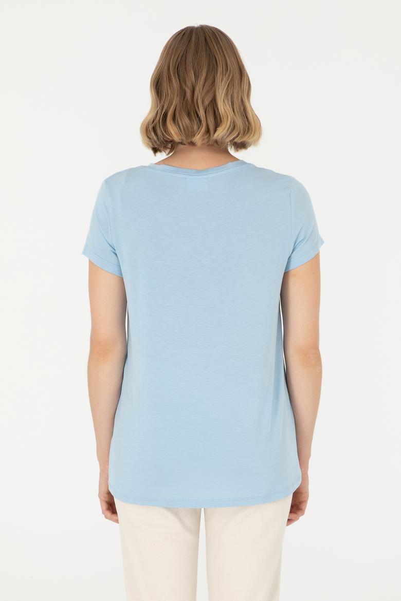 Kadın Açık Mavi V Yaka Basic Tişört - 50280019072