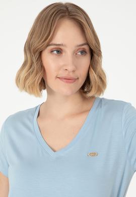 Kadın Açık Mavi V Yaka Basic Tişört - 50280019072