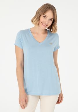 Kadın Açık Mavi V Yaka Basic Tişört - 50280019072