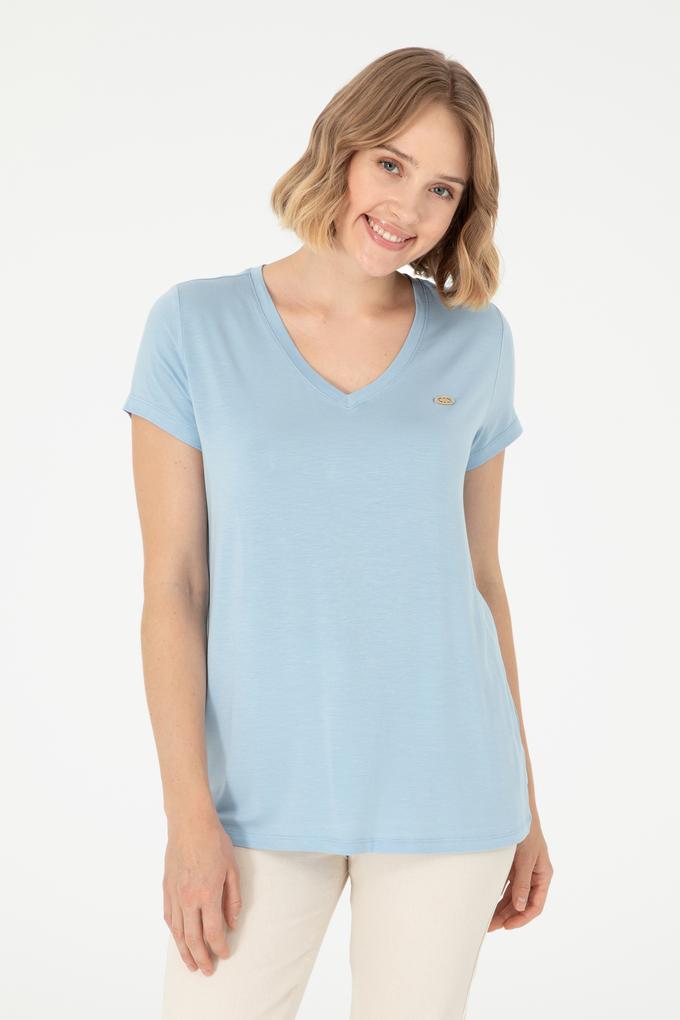 Kadın Açık Mavi V Yaka Basic Tişört