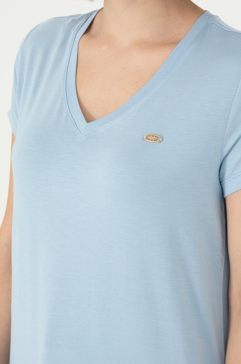 Kadın Açık Mavi V Yaka Basic Tişört