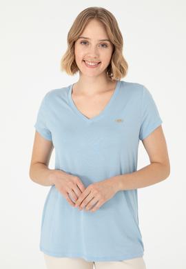 Kadın Açık Mavi V Yaka Basic Tişört - 50280019072