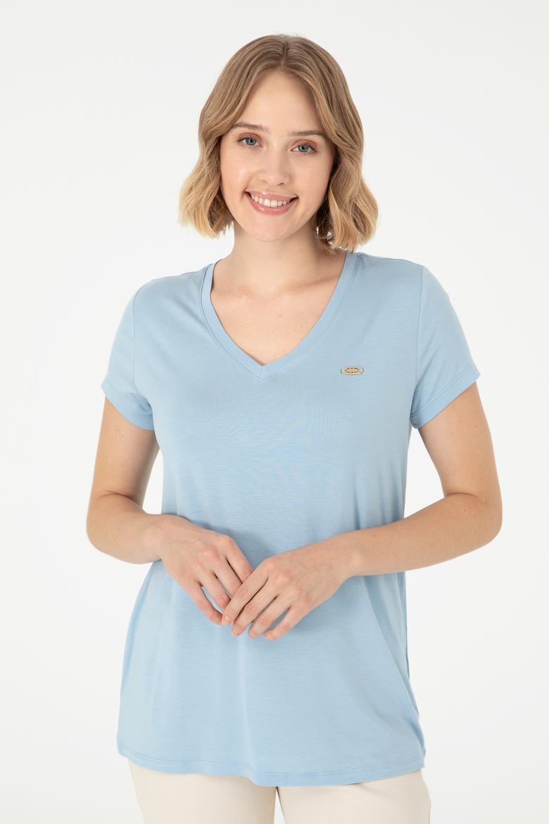 Kadın Açık Mavi V Yaka Basic Tişört - 50280019072
