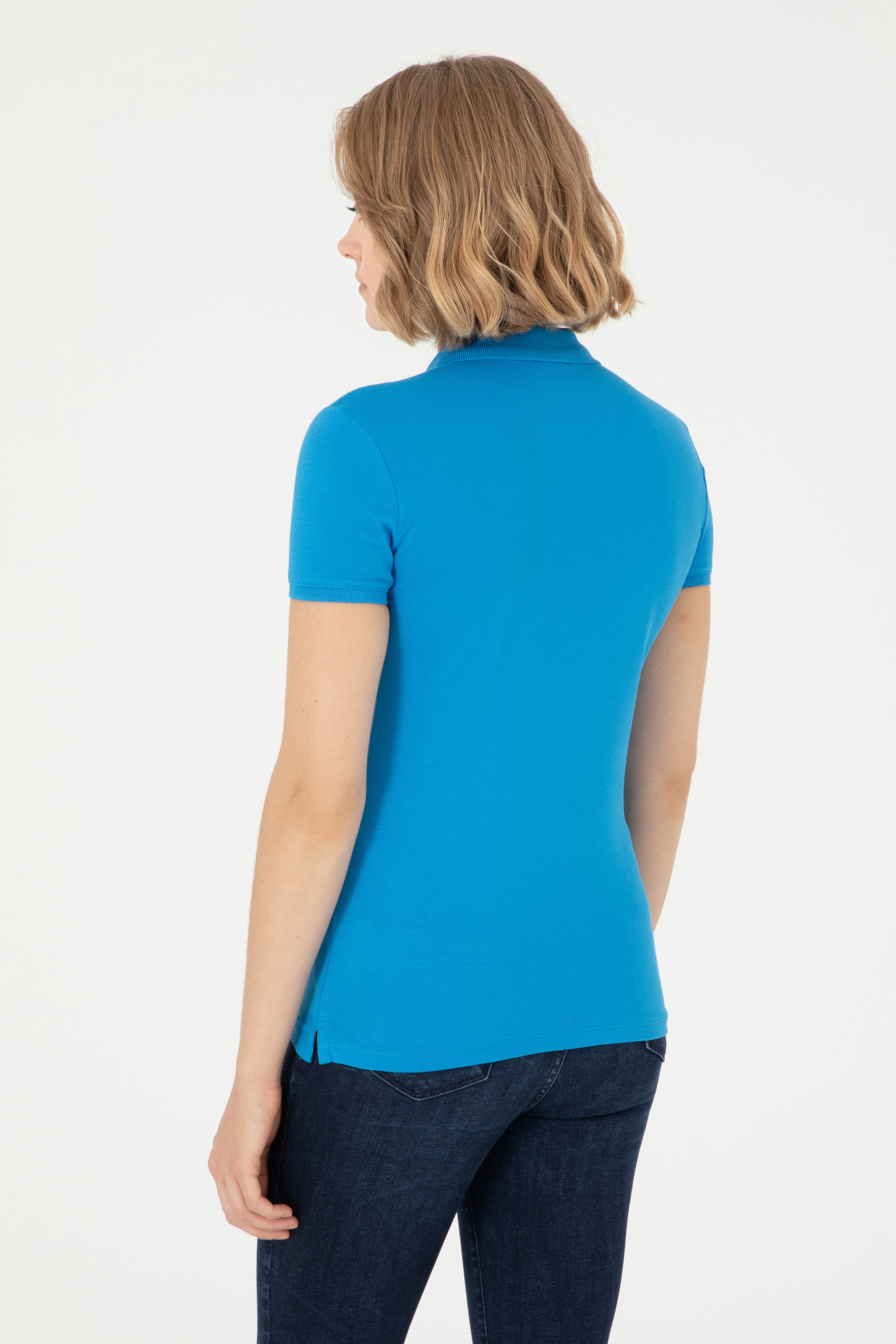 Kadın Saks Basic Polo Yaka Tişört - Image 5