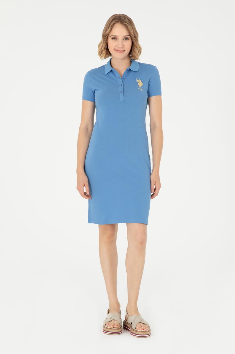 Kadın Koyu Mavi Polo Yaka Mini Boy Örme Elbise