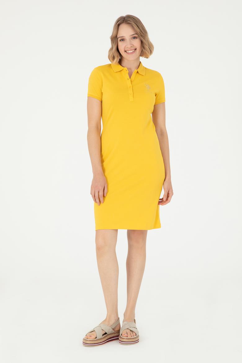 Kadın Safran Polo Yaka Mini Boy Örme Elbise