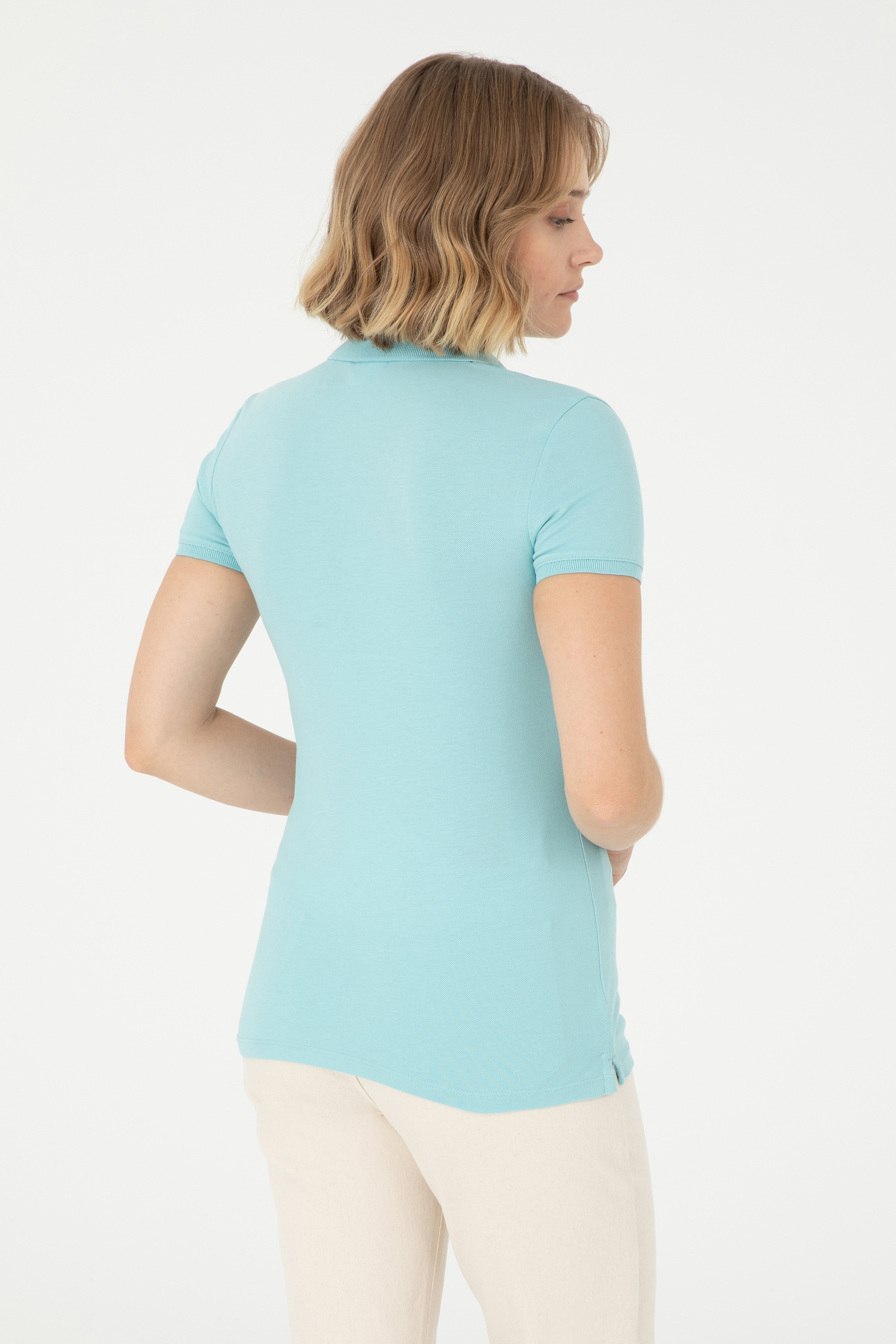 Kadın Su Yeşili Basic Polo Yaka Tişört - Image 5