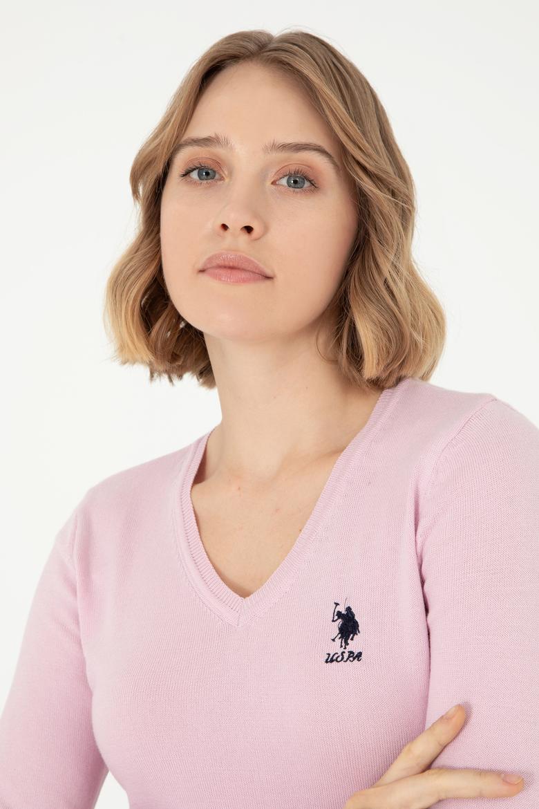 Kadın Pembe V Yaka Basic Kazak - 50288997068