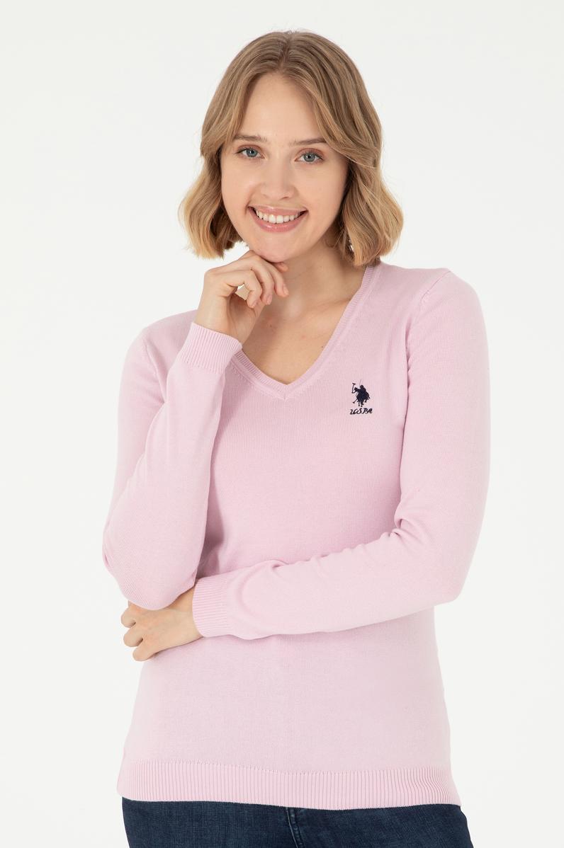Kadın Pembe V Yaka Basic Kazak